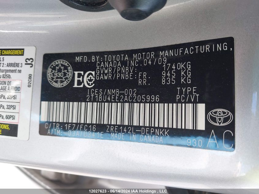 2010 Toyota Corolla S/Le/Xle VIN: 2T1BU4EE2AC205996 Lot: 12027623