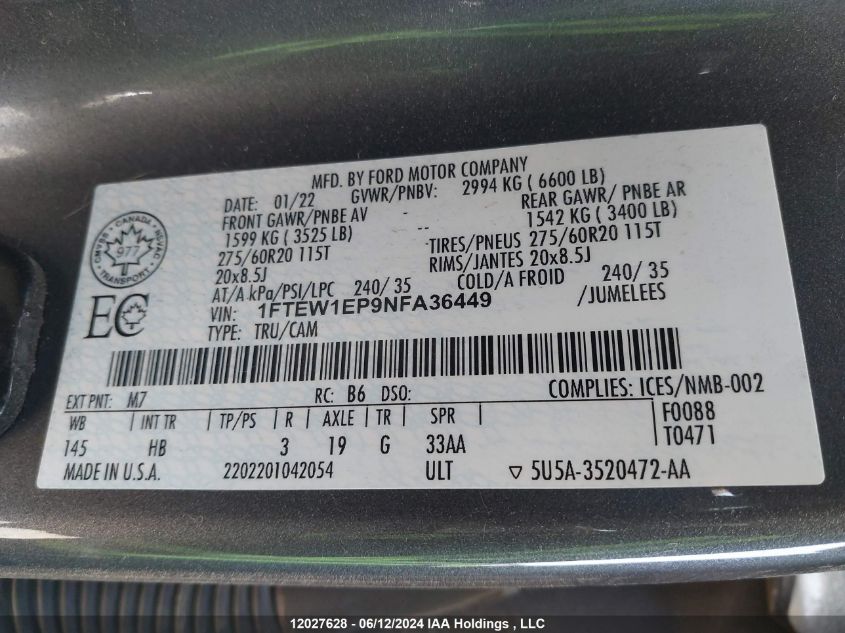 2022 Ford F-150 Lariat VIN: 1FTEW1EP9NFA36449 Lot: 12027628