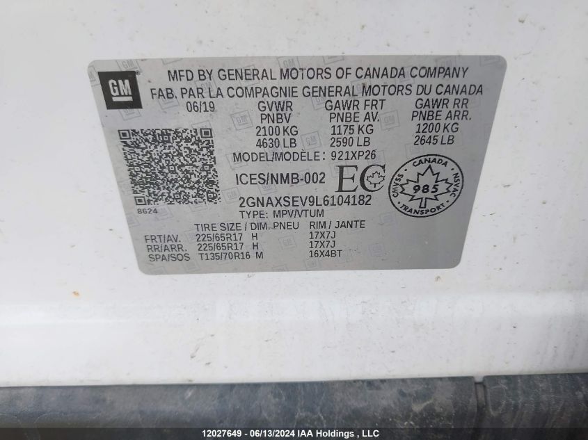 2020 Chevrolet Equinox Ls VIN: 2GNAXSEV9L6104182 Lot: 12027649