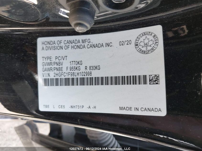 2020 Honda Civic Sedan VIN: 2HGFC1F98LH102998 Lot: 12027672