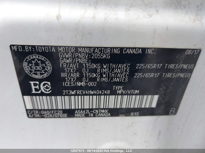 2017 Toyota Rav4 Xle VIN: 2T3WFREV4HW404248 Lot: 12027673