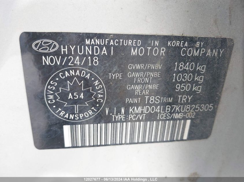 2019 Hyundai Elantra VIN: KMHD04LB7KU825305 Lot: 12027677