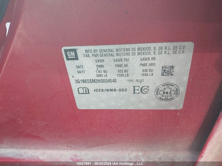 2017 Chevrolet Cruze VIN: 3G1BE5SM3HS604548 Lot: 12027691