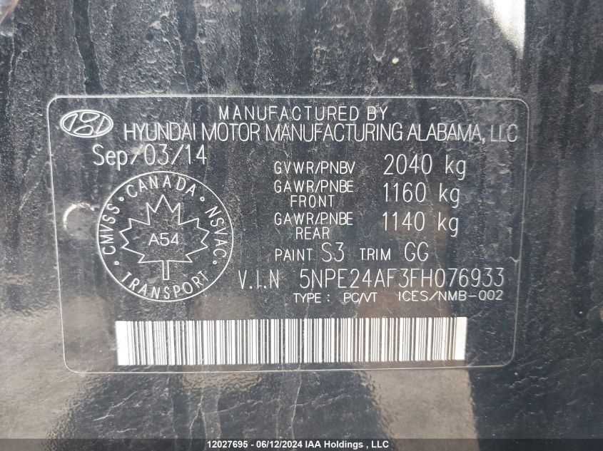 2015 Hyundai Sonata Gl VIN: 5NPE24AF3FH076933 Lot: 12027695