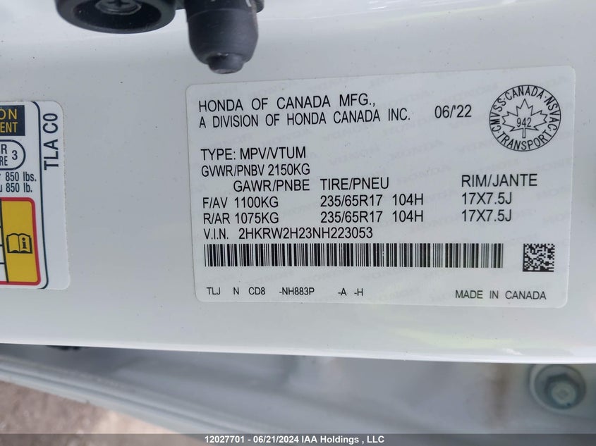 2022 Honda Cr-V VIN: 2HKRW2H23NH223053 Lot: 12027701