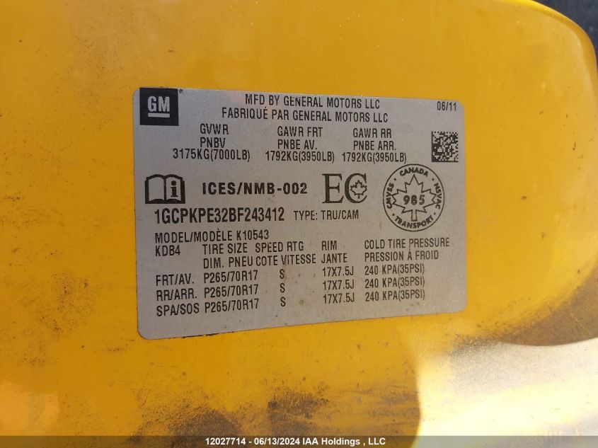 2011 Chevrolet Silverado 1500 VIN: 1GCPKPE32BF243412 Lot: 12027714