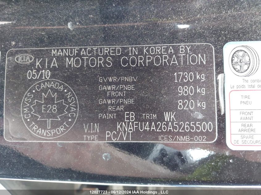 2010 Kia Forte VIN: KNAFU4A26A5265500 Lot: 12027723