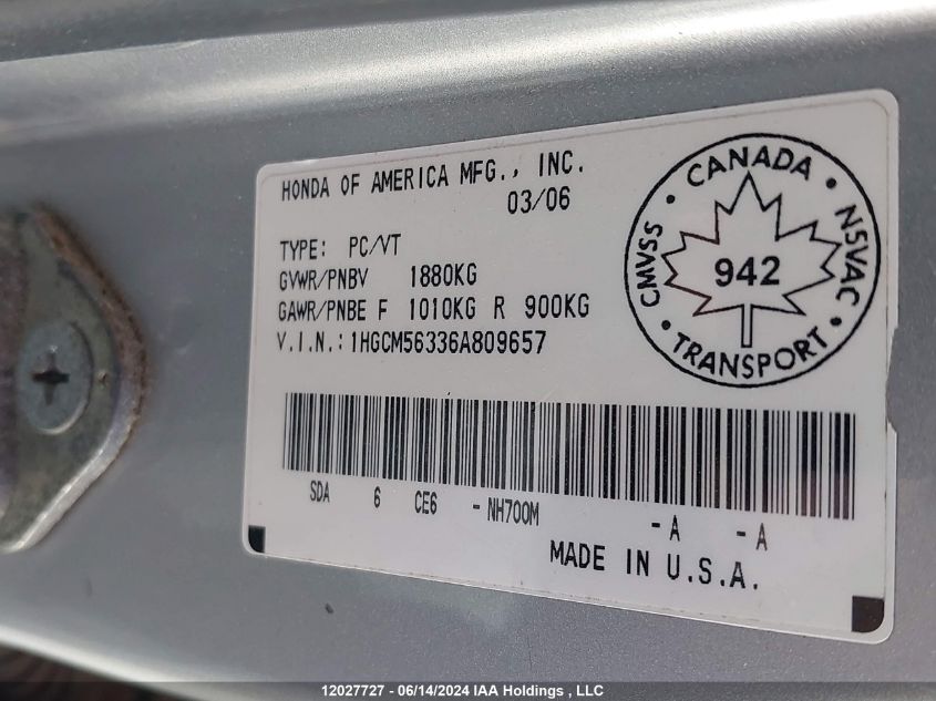 2006 Honda Accord Sdn VIN: 1HGCM56336A809657 Lot: 12027727