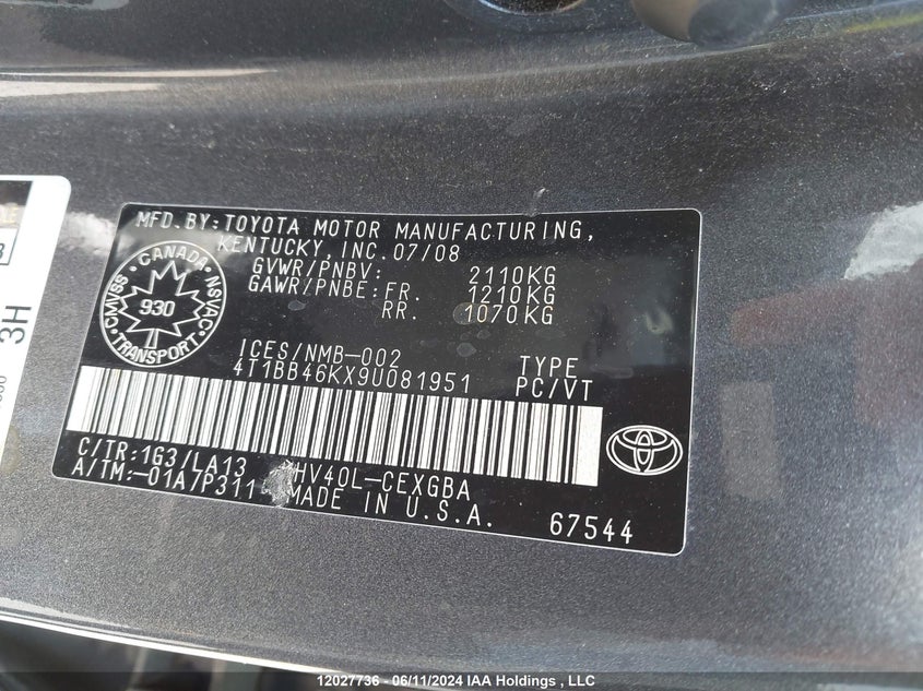 2009 Toyota Camry Hybrid VIN: 4T1BB46KX9U081951 Lot: 12027736