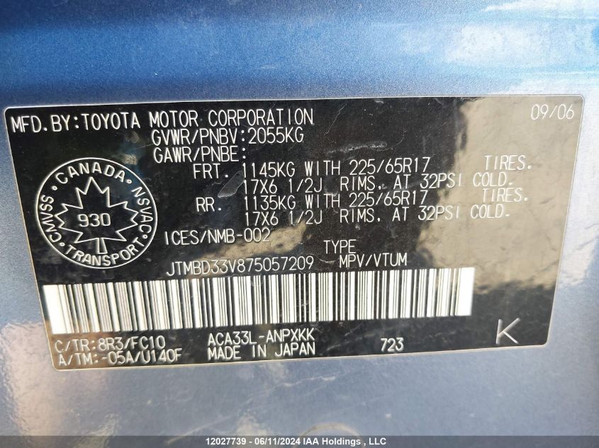 2007 Toyota Rav4 VIN: JTMBD33V875057209 Lot: 12027739