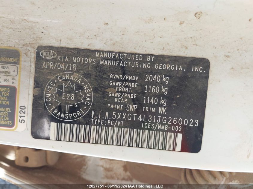 2018 Kia Optima Lx/S VIN: 5XXGT4L31JG260023 Lot: 12027751