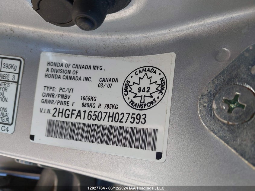 2007 Honda Civic Sdn VIN: 2HGFA16507H027593 Lot: 12027764