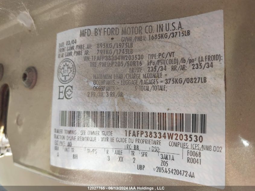 2004 Ford Focus VIN: 1FAFP38334W203530 Lot: 12027765