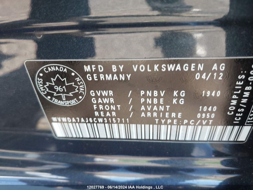 2012 Volkswagen Golf VIN: WVWDA7AJ6CW315711 Lot: 12027769