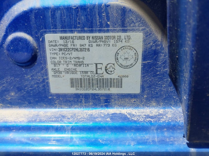 2017 Nissan Versa Note S/S Plus/Sv/Sl/Sr VIN: 3N1CE2CP2HL357216 Lot: 12027773