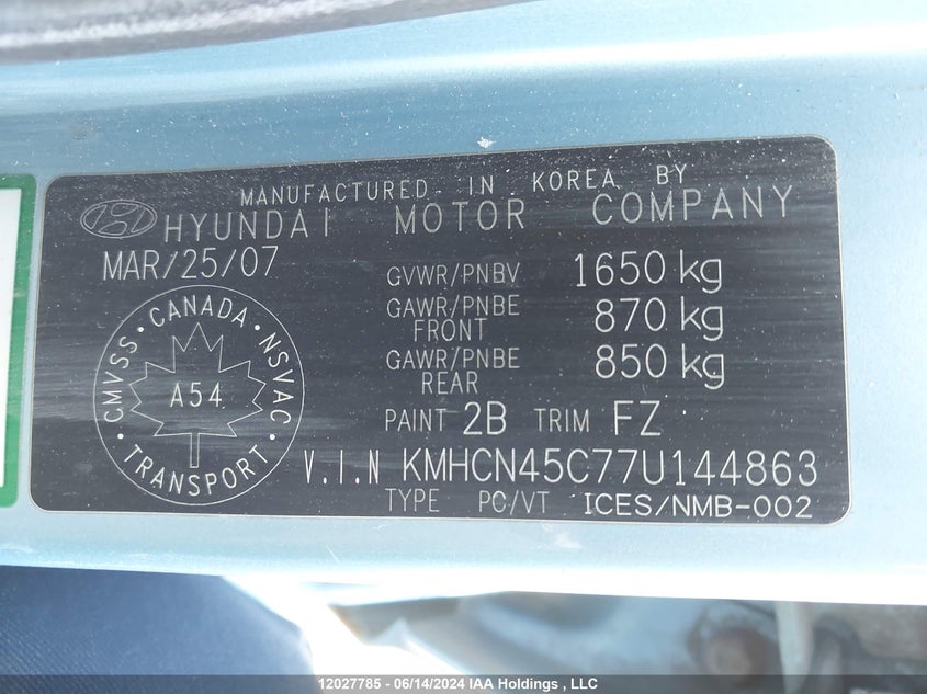 2007 Hyundai Accent VIN: KMHCN45C77U144863 Lot: 12027785