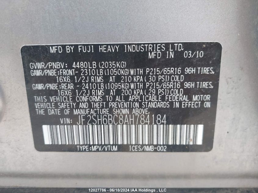 2010 Subaru Forester VIN: JF2SH6BC8AH784184 Lot: 12027786