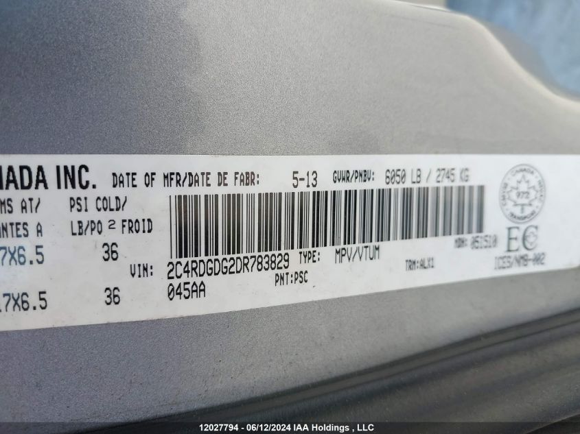 2013 Dodge Grand Caravan Crew VIN: 2C4RDGDG2DR783829 Lot: 12027794