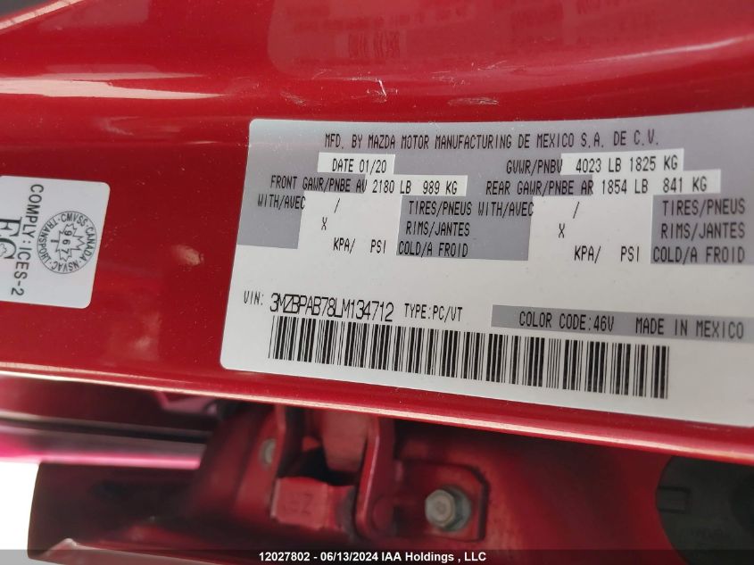 2020 Mazda Mazda3 VIN: 3MZBPAB78LM134712 Lot: 12027802