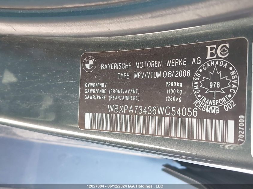 2006 BMW X3 VIN: WBXPA73436WC54056 Lot: 12027804