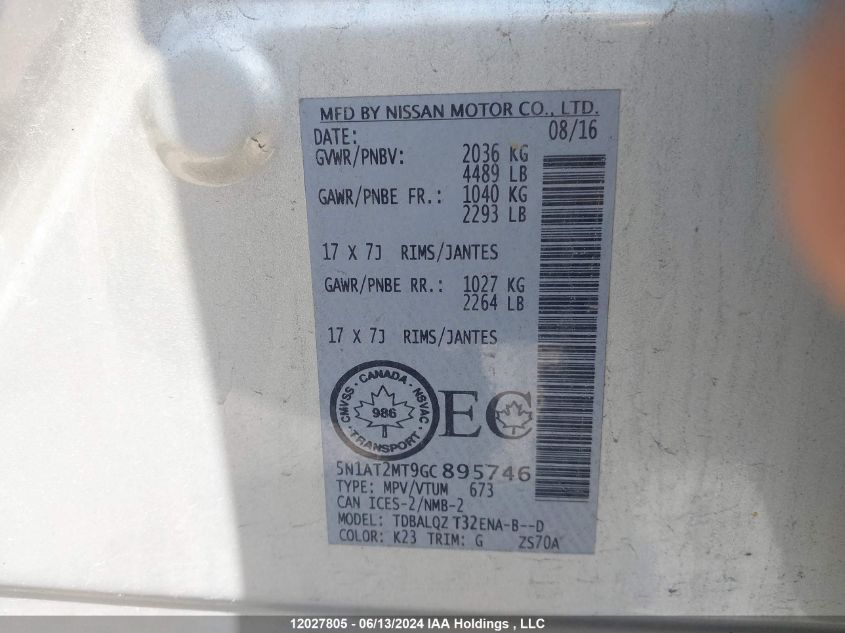 2016 Nissan Rogue VIN: 5N1AT2MT9GC895746 Lot: 12027805