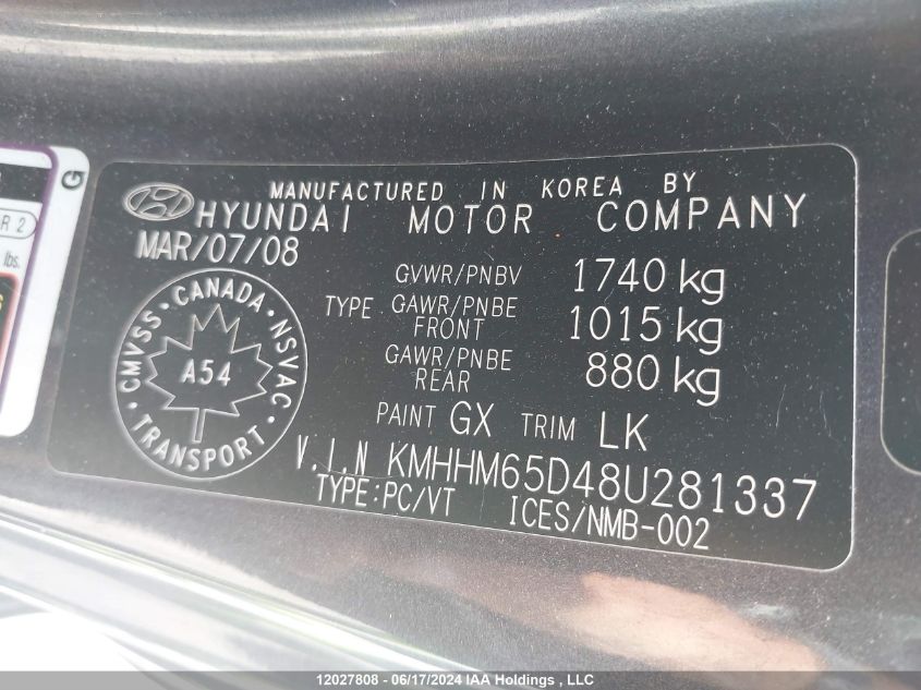 2008 Hyundai Tiburon VIN: KMHHM65D48U281337 Lot: 12027808