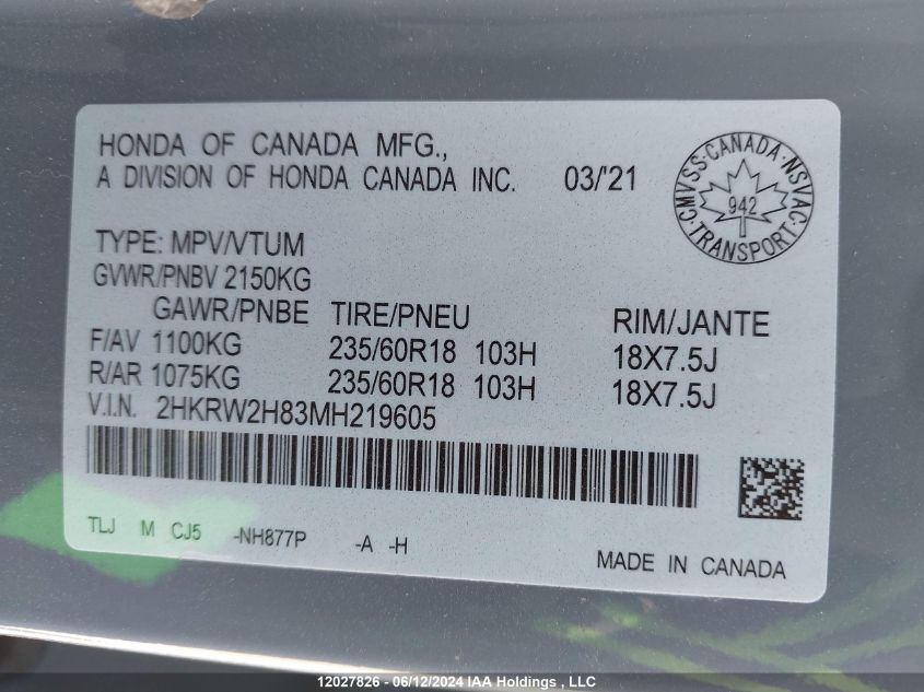 2021 Honda Cr-V VIN: 2HKRW2H83MH219605 Lot: 12027826