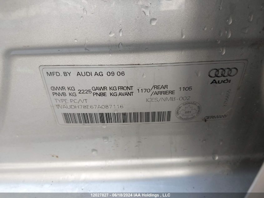 2007 Audi A4 VIN: WAUDH78E67A087116 Lot: 12027827