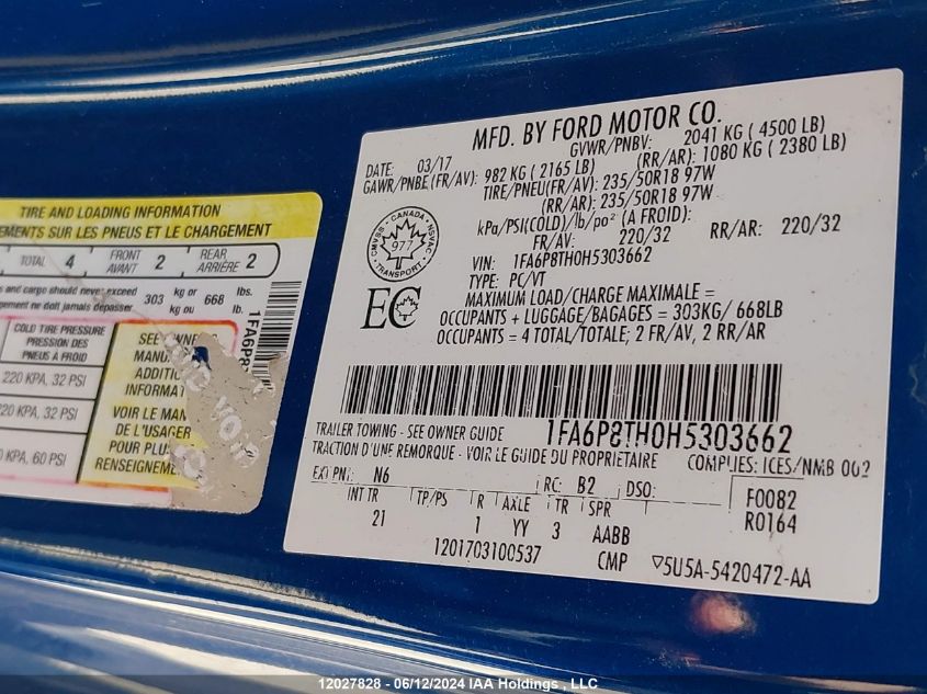 2017 Ford Mustang Ecoboost VIN: 1FA6P8TH0H5303662 Lot: 12027828