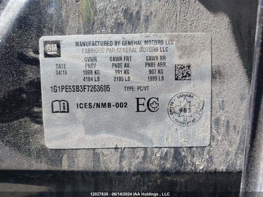 2015 Chevrolet Cruze VIN: 1G1PE5SB3F7263605 Lot: 12027838