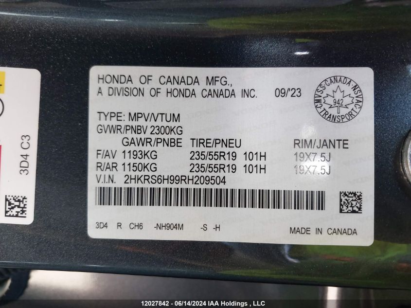 2024 Honda Cr-V Hybrid VIN: 2HKRS6H99RH209504 Lot: 12027842