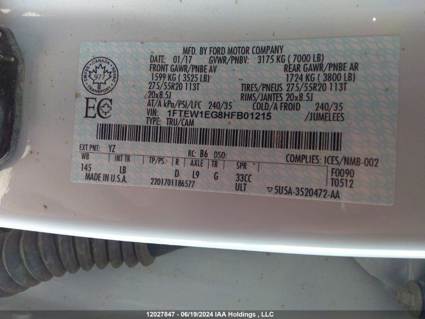 2017 Ford F-150 Lariat VIN: 1FTEW1EG8HFB01215 Lot: 12027847