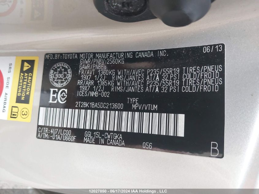 2013 Lexus Rx 350 VIN: 2T2BK1BA5DC213600 Lot: 12027850