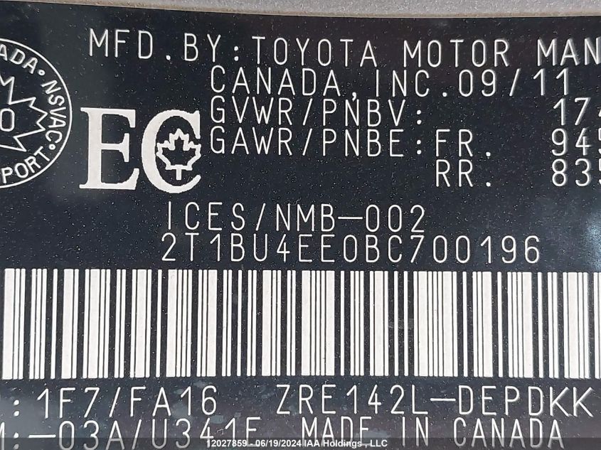 2011 Toyota Corolla S/Le VIN: 2T1BU4EE0BC700196 Lot: 12027859