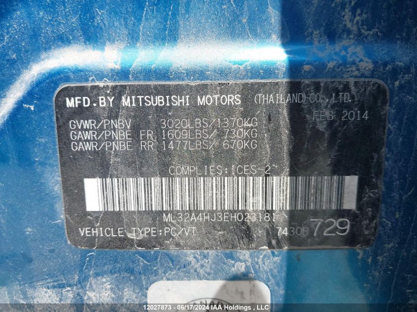 2014 Mitsubishi Mirage Es VIN: ML32A4HJ3EH023181 Lot: 12027873