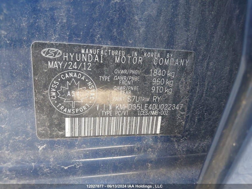 2013 Hyundai Elantra Gt VIN: KMHD35LE4DU022347 Lot: 12027877