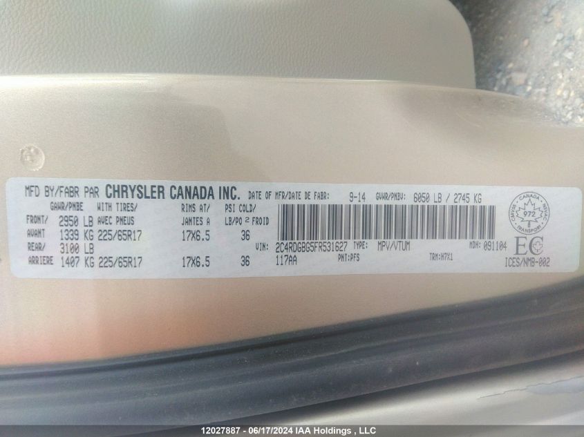 2015 Dodge Grand Caravan Se/Sxt VIN: 2C4RDGBG5FR531627 Lot: 12027887