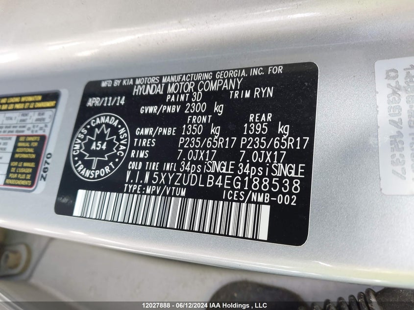 2014 Hyundai Santa Fe Sport 2.4 Luxury VIN: 5XYZUDLB4EG188538 Lot: 12027888