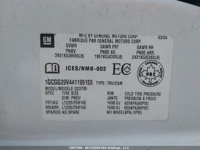 2004 Chevrolet Express Cargo Van VIN: 1GCGG29V441195153 Lot: 12027906