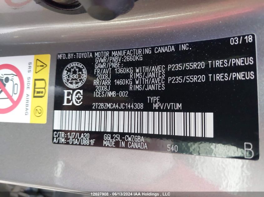 2018 Lexus Rx 350 VIN: 2T2BZMCA4JC144308 Lot: 12027908