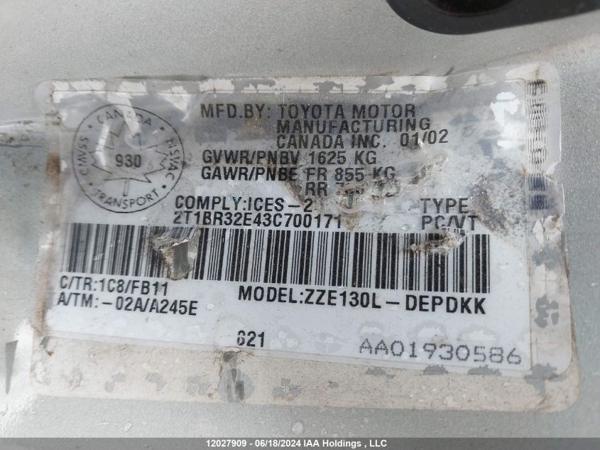 2003 Toyota Corolla Ce/Le/S VIN: 2T1BR32E43C700171 Lot: 12027909