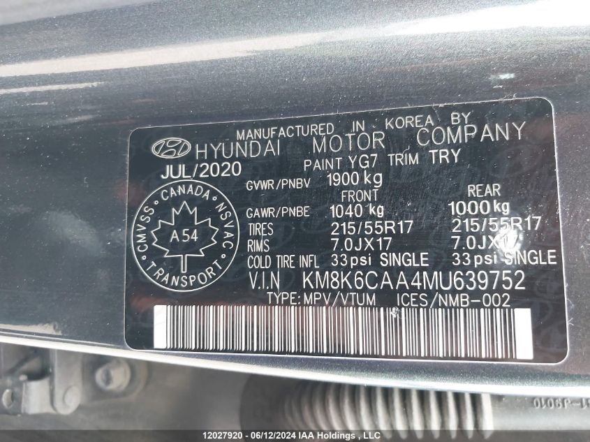 2021 Hyundai Kona VIN: KM8K6CAA4MU639752 Lot: 12027920
