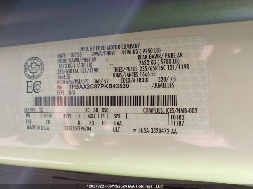 2023 Ford Transit VIN: 1FBAX2C87PKB43530 Lot: 12027922