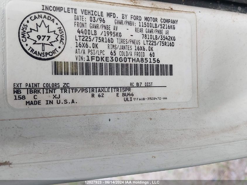 1996 Ford Econoline E350 Cutaway Van VIN: 1FDKE30G0THA85156 Lot: 12027923