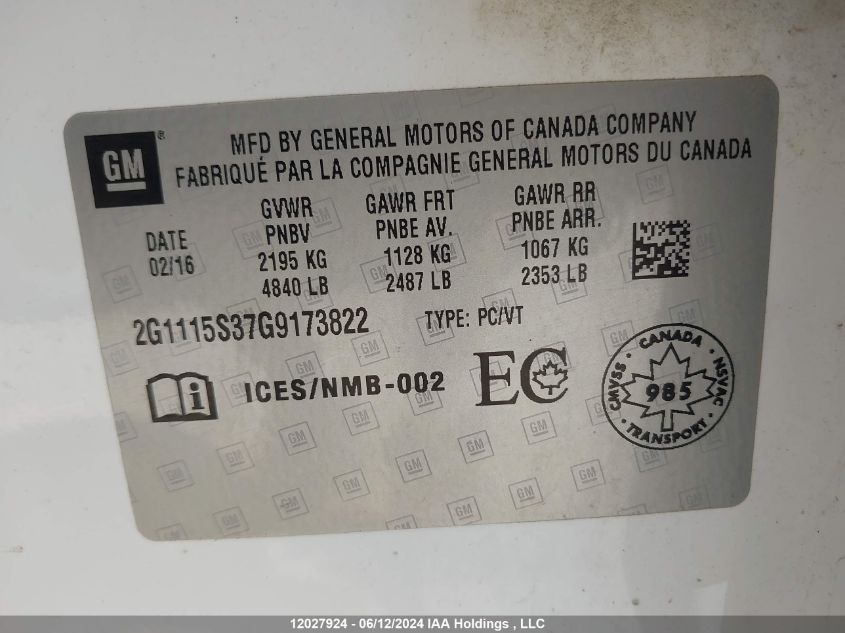 2016 Chevrolet Impala VIN: 2G1115S37G9173822 Lot: 12027924
