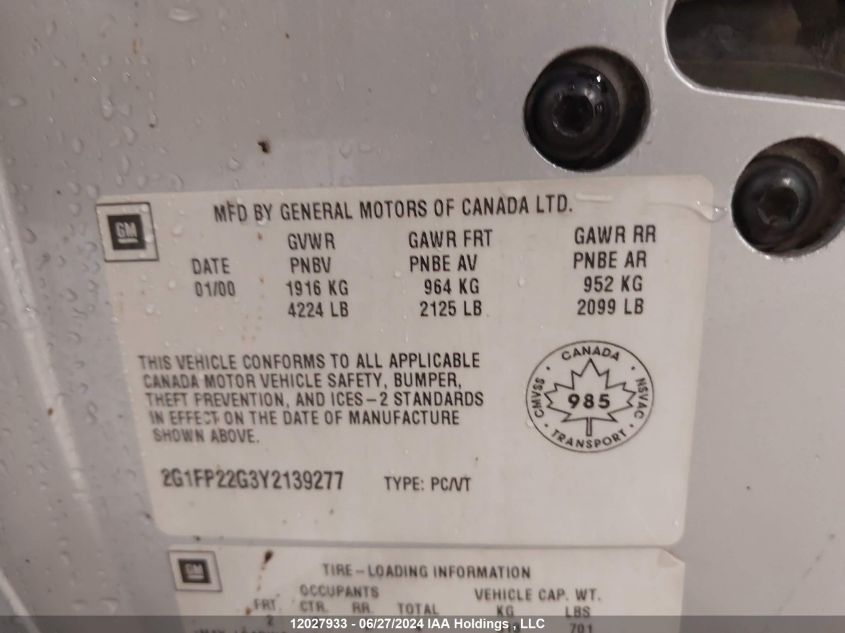 2000 Chevrolet Camaro VIN: 2G1FP22G3Y2139277 Lot: 12027933