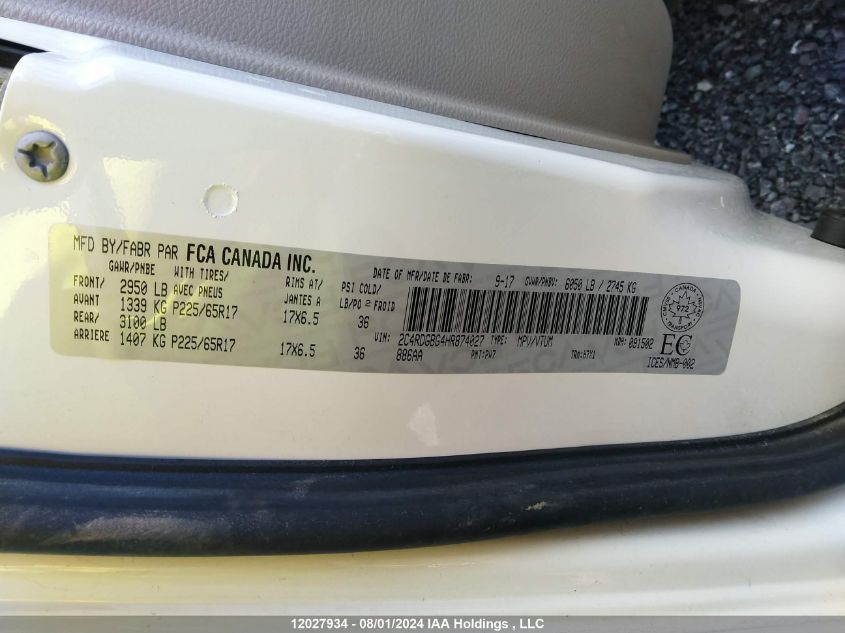 2017 Dodge Grand Caravan Cvp/Sxt VIN: 2C4RDGBG4HR874027 Lot: 12027934