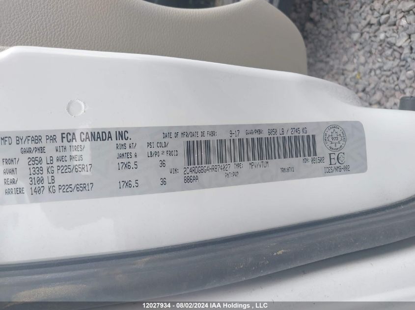 2017 Dodge Grand Caravan Cvp/Sxt VIN: 2C4RDGBG4HR874027 Lot: 12027934