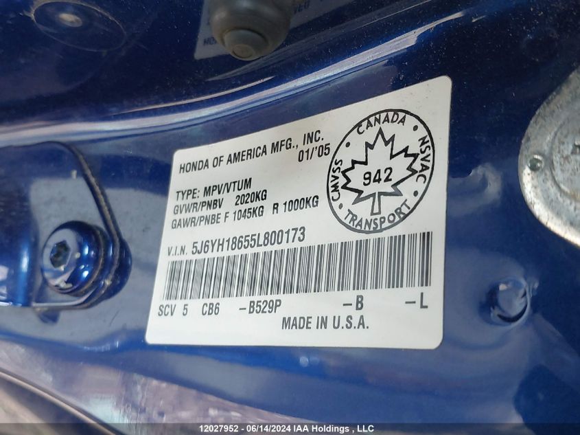 2005 Honda Element VIN: 5J6YH18655L800173 Lot: 12027952