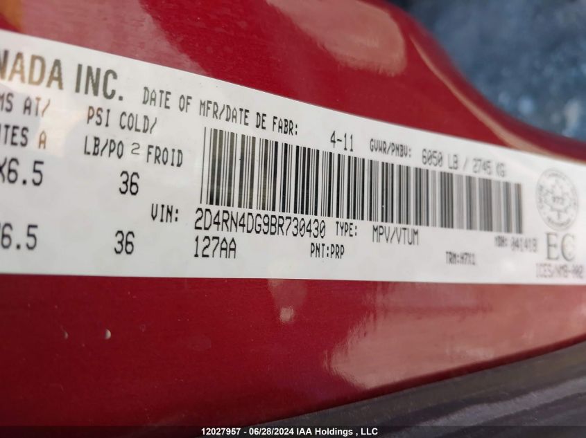 2011 Dodge Grand Caravan Se/Sxt VIN: 2D4RN4DG9BR730430 Lot: 12027957